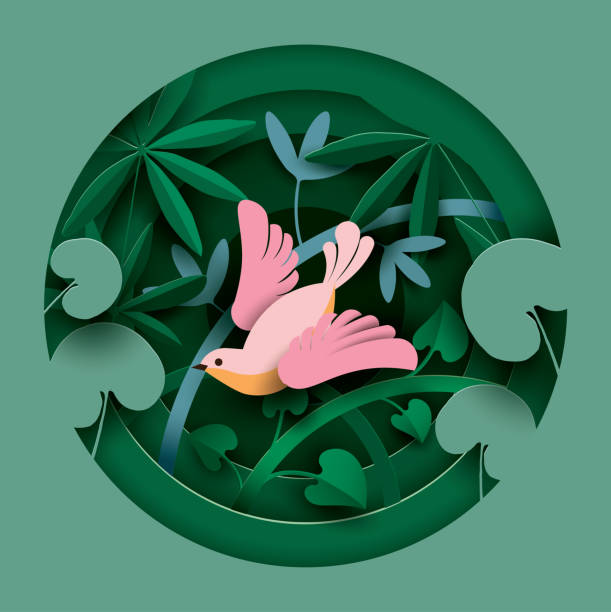 stockillustraties, clipart, cartoons en iconen met vogel in de bosjes van planten. - papierkunst