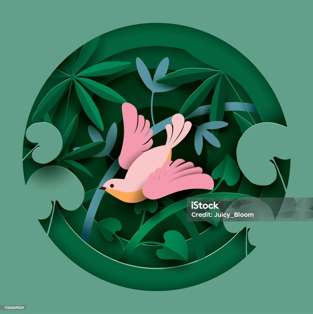 Bird in the thickets of plants. Bird in the thickets of plants. Paper cut style. Spring/Summer composition.  Vector illustration Papercutting stock vector