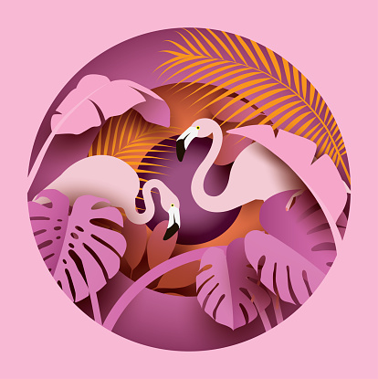 Two flamingos in tropical leaves. Paper cut style. Summer composition. Vector illustration