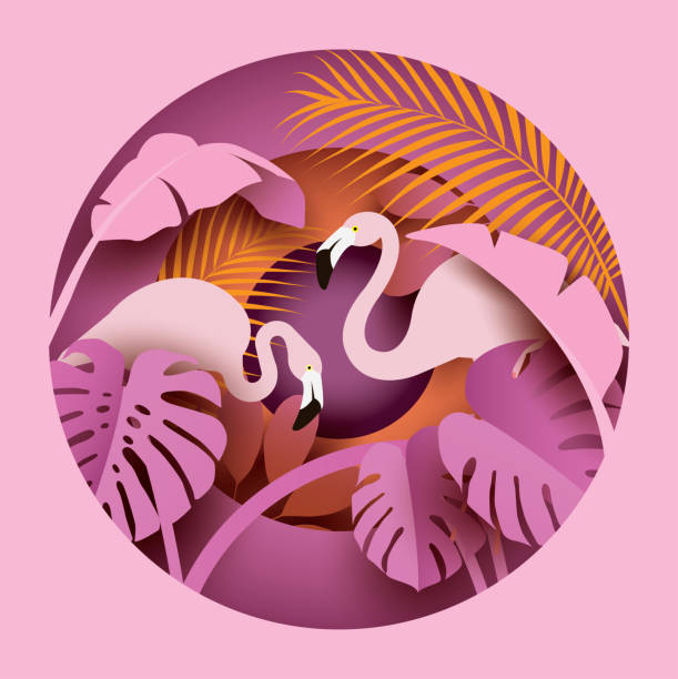 Two flamingos in tropical leaves. Two flamingos in tropical leaves. Paper cut style. Summer composition. Vector illustration flamingo stock illustrations