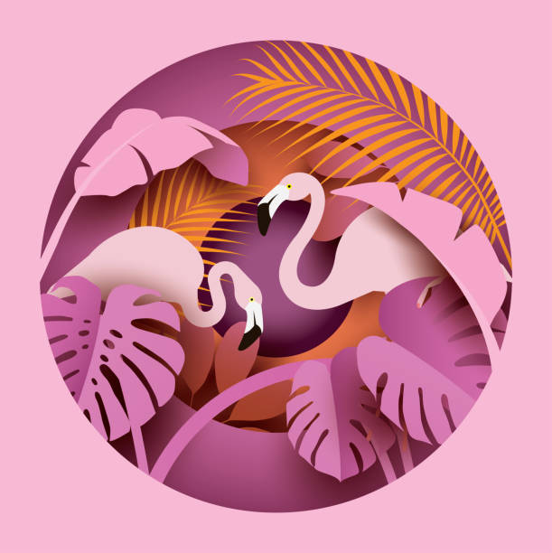 Two flamingos in tropical leaves. Two flamingos in tropical leaves. Paper cut style. Summer composition. Vector illustration tropical elegance stock illustrations