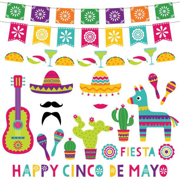 ilustraciones, imágenes clip art, dibujos animados e iconos de stock de conjunto de decoración de fiestas aislado cinco de mayo - mexico