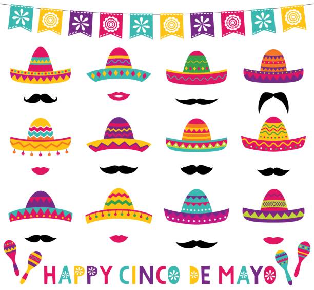 bunte mexikanische vektorsombreros-set - mexico mexican culture carnival paper stock-grafiken, -clipart, -cartoons und -symbole