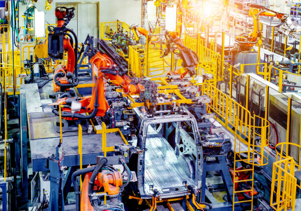 car production line of the robot - automobile industry metal industry in a row gear imagens e fotografias de stock