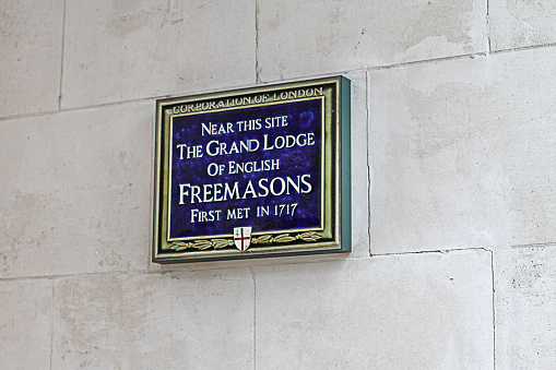 London, United Kingdom - October 09, 2010: The Grand Lodge of English Freemasons Blue Plaque Memorial in London, UK.