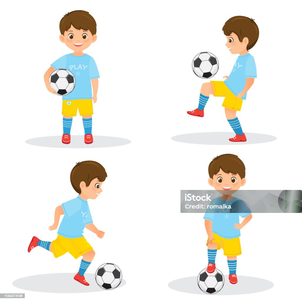 Set of boys soccer players  with a soccer ball Set of boys soccer players in uniform with a soccer ball. Vector illustration. Isolated on white background. Flat Cartoon style Soccer stock vector