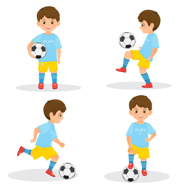 Set of boys soccer players  with a soccer ball Set of boys soccer players in uniform with a soccer ball. Vector illustration. Isolated on white background. Flat Cartoon style boys soccer stock illustrations
