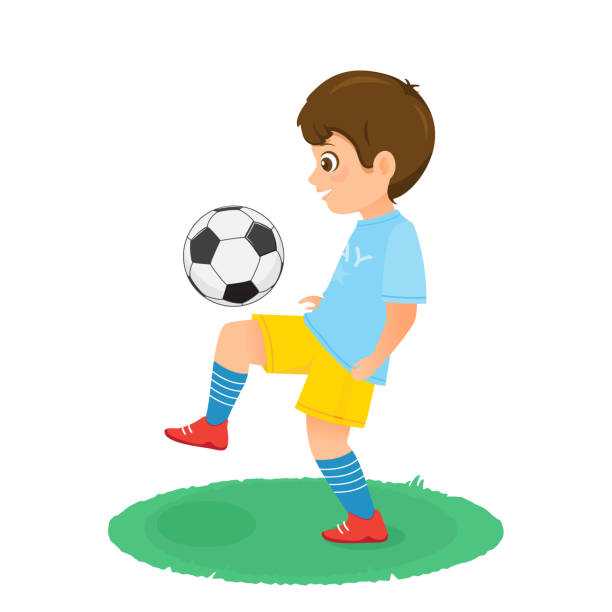 boy-fußballspieler in uniform mit einem fußball. - soccer ball running sports uniform red stock-grafiken, -clipart, -cartoons und -symbole