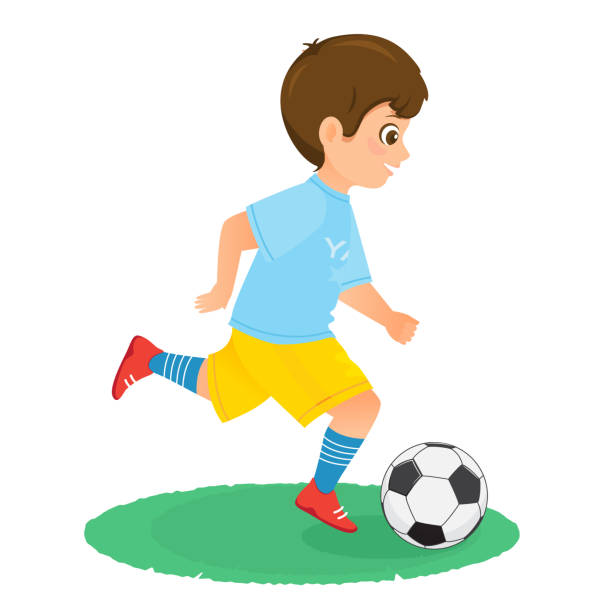 boy-fußballspieler in uniform mit einem fußball. - soccer ball running sports uniform red stock-grafiken, -clipart, -cartoons und -symbole