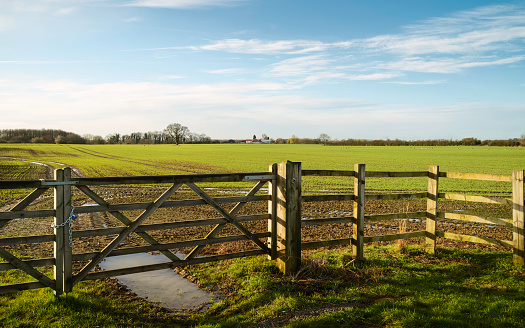 Beverley, Yorkshire, UK. Agricultural landscape of ploughed field surrounded by gated wooden fence under a bright blue sky in early spring in Beverley, Yorkshire, UK.