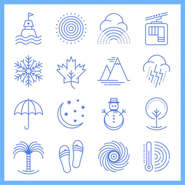Vector illustration of Travel Activities & Seasons Blueprint Style Vector Icon Set