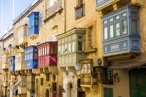 Old beautiful houses in the centre of the capital city Valetta in Malta