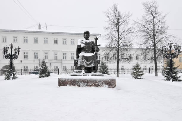 Yuri Dolgorukiy Monument in Kostroma, Russia in the winter.