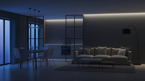 istock Modern house interior. Kitchen behind glass partitions. Night. Evening lighting. 3D rendering. 1136584166