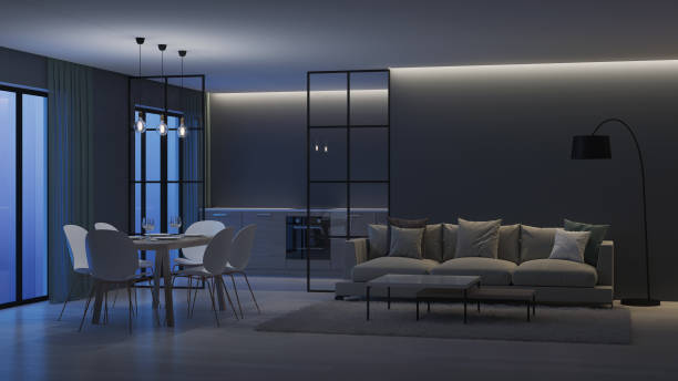 istock Modern house interior. Kitchen behind glass partitions. Night. Evening lighting. 3D rendering. 1136584193