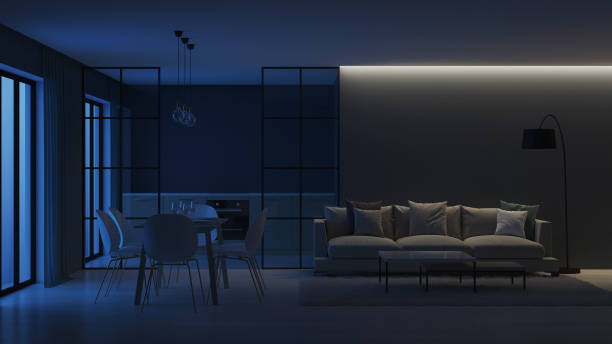 istock Modern house interior. Kitchen behind glass partitions. Night. Evening lighting. 3D rendering. 1136584201