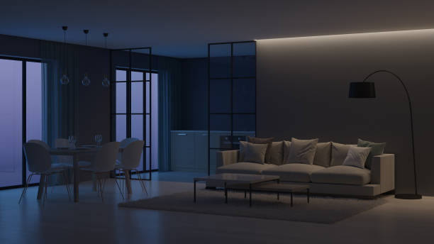 istock Modern house interior. Kitchen behind glass partitions. Night. Evening lighting. 3D rendering. 1136584219