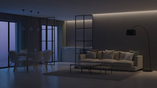 istock Modern house interior. Kitchen behind glass partitions. Night. Evening lighting. 3D rendering. 1136584223