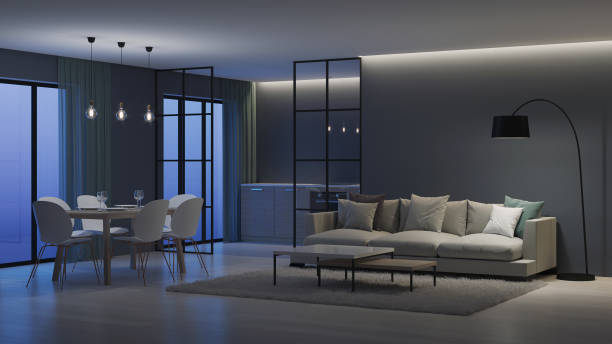 istock Modern house interior. Kitchen behind glass partitions. Night. Evening lighting. 3D rendering. 1136584237