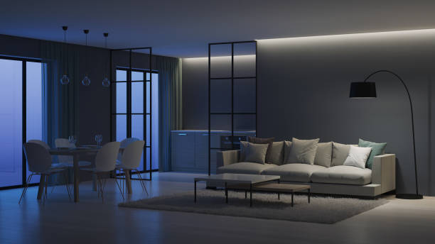 istock Modern house interior. Kitchen behind glass partitions. Night. Evening lighting. 3D rendering. 1136584245