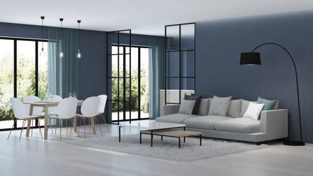 istock Modern house interior. Kitchen behind glass partitions. 3D rendering. 1136585053