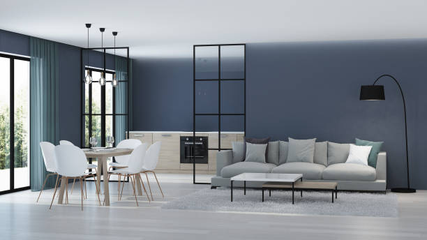 istock Modern house interior. Kitchen behind glass partitions. 3D rendering. 1136585059