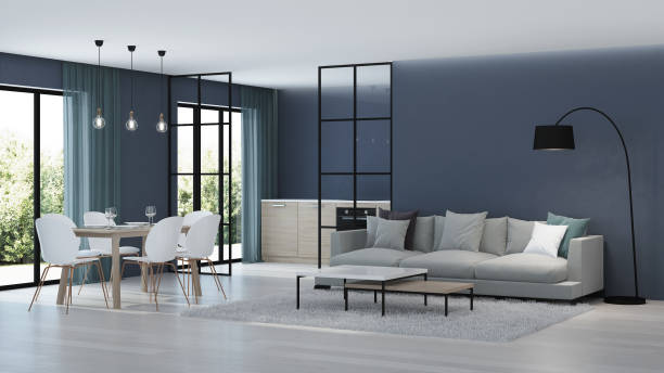 istock Modern house interior. Kitchen behind glass partitions. 3D rendering. 1136585078