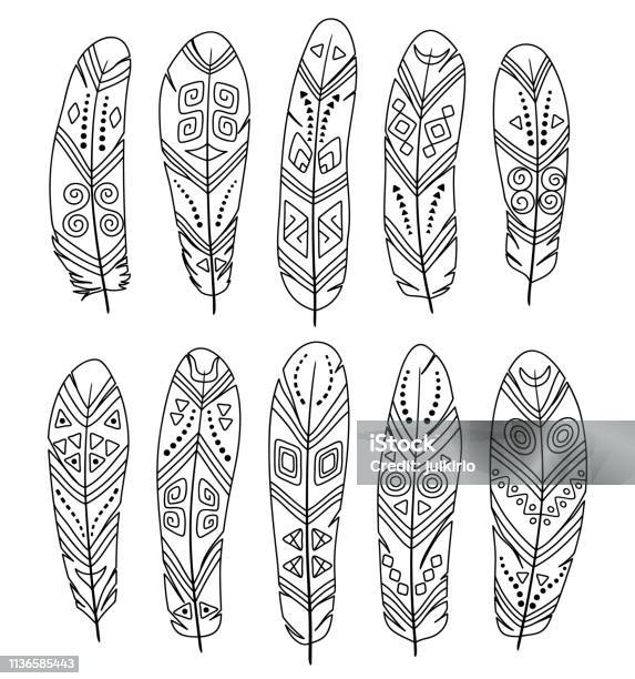 Hand Drawn Ethnic Feathers Set Isolated On White Background Collection Of Stylized Tribal Elements In Boho Chic Style Template For Coloring Book Vector Illustration Stock Illustration - Download Image Now