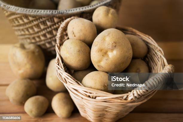 Potatoes In Basket Stock Photo - Download Image Now - Raw Potato, Basket, Cellar