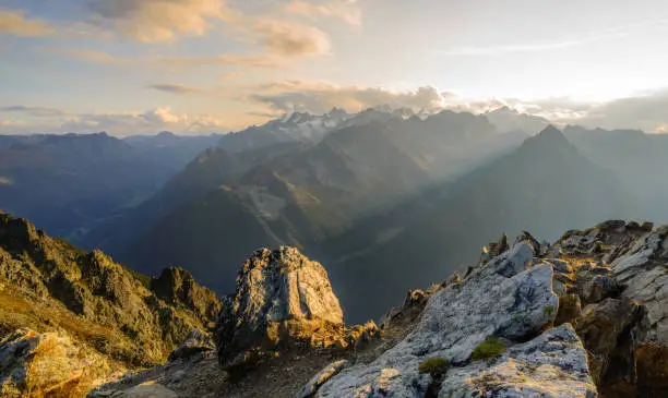 Sunset from the top of a mountain in the Valais region of Switzerland, looking towards Mont Blanc, Chamonix and the main ridge of the French alps.