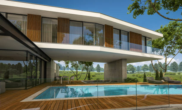 istock 3d rendering of modern house on the hill with pool 1136589981