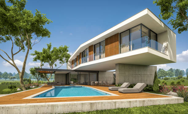 istock 3d rendering of modern house on the hill with pool 1136590006
