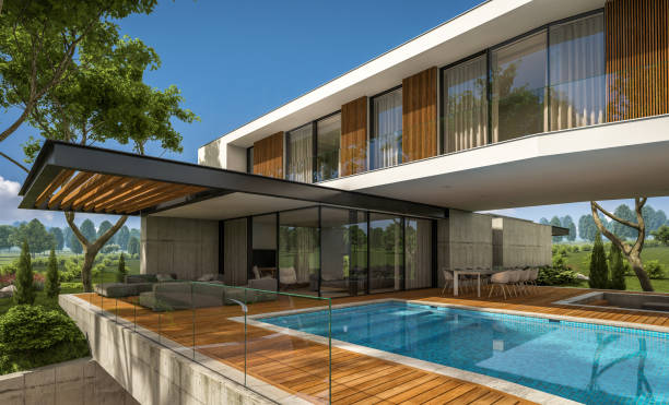 istock 3d rendering of modern house on the hill with pool 1136590033