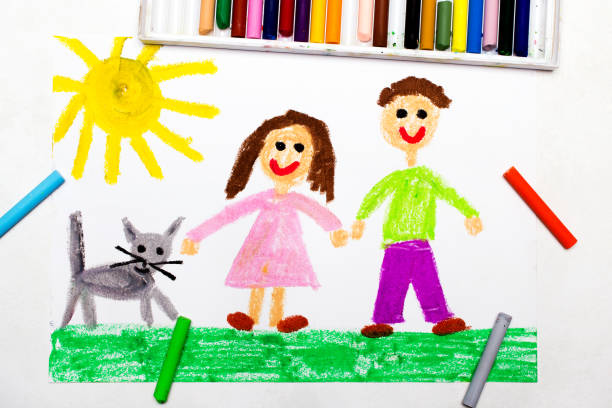 istock Colorful drawing: Happy couple and cute cat 1136591926