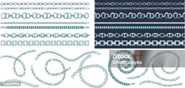 Set Of Brush Patterns With Retro Handdrawn Sketch Silver Chain On Dark Background Drawing Engraving Texture Great Design For Fashion Textile Decorative Frame Yacht Style Card Stock Illustration - Download Image Now