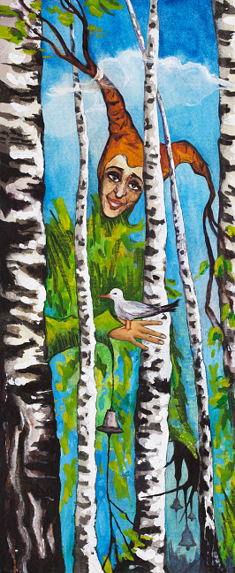 Fashionable vertical illustration modern art my original oil painting on canvas landscape spring birch trees and human figure forest fairy creature Pan Harlequin holding a bird in the hands against the background of a spring forest of green trees and grass blue sky and clouds