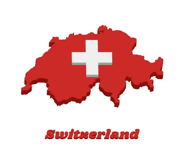 Vector illustration of 3d Map outline and flag of Switzerland, It is consists of a red flag with a white cross in the centre.