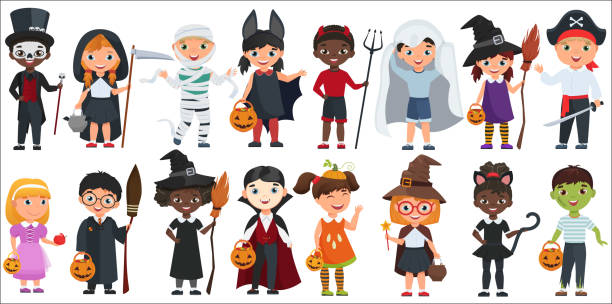 ilustrações de stock, clip art, desenhos animados e ícones de cute halloween little kids set vector illustration. - child party group of people little girls