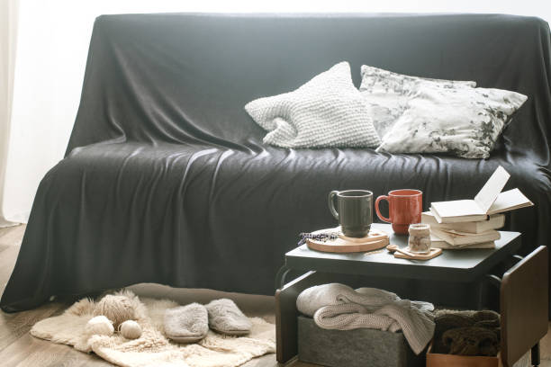 istock Cozy home interior living room with black sofa 1136596942