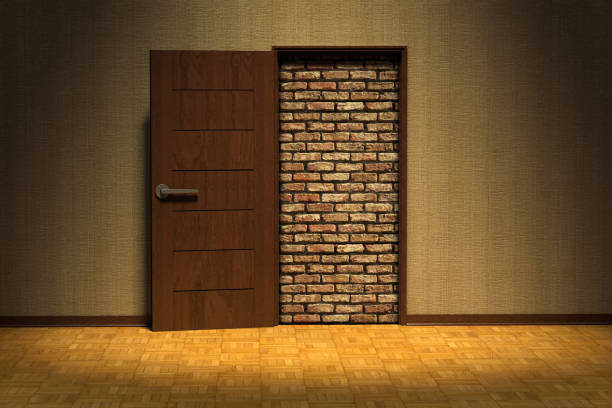 3D rendering of a doorway blocked by a brick wall