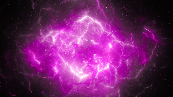 Purple glowing high energy lightning, computer generated abstract background, 3D rendering