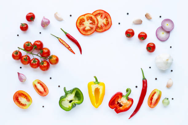 istock Various fresh vegetables and herbs on white background. Healthy eating concept 1136597377