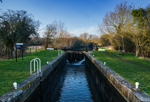 Sawbridgeworth, Hertfordshire 22nd February 2019:Feakes Lock on the Stort and Lee Navigation or canal between Harlow and Sawbridgeworth in Hertfordshire.