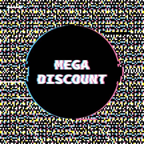 ilustrações de stock, clip art, desenhos animados e ícones de mega discount banner with glitch noise retro effect - mega pixels