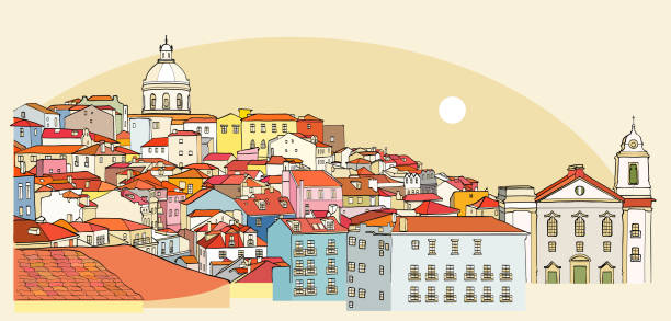ilustrações de stock, clip art, desenhos animados e ícones de lisbon cityscape view. vector illustration - lisboa