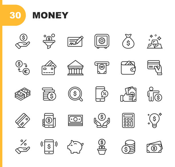 돈과 금융 라인 아이콘입니다. 편집 가능한 스트로크. 완벽 한 픽셀. 모바일 및 웹에 적합 합니다. 은행, 돼지 저금통, 지불, 신용 카드, 모바일 할인과 같은 아이콘이 포함 되어 있습니다. - banking stock illustrations