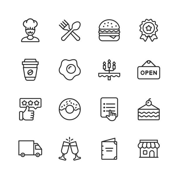 ikony linii restauracji. edytowalny obrys. pixel perfect. dla urządzeń mobilnych i sieci web. zawiera takie ikony jak gotowanie, jedzenie, fast food, dostawa jedzenia, śniadanie. - jeść stock illustrations