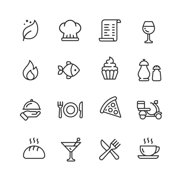 ilustraciones, imágenes clip art, dibujos animados e iconos de stock de iconos de línea de restaurantes. trazo editable. pixel perfect. para móvil y web. contiene iconos como cocinar, comer, comida rápida, comida a domicilio, desayuno. - cooking clothing foods and drinks equipment