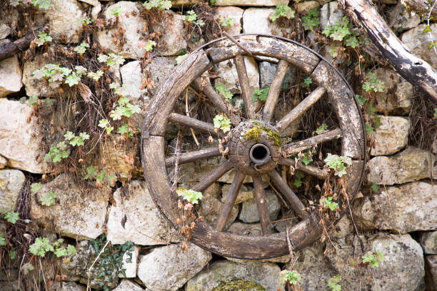 Old iron wheels in front of a brick barn