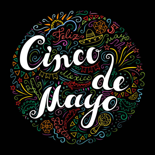 Carte de Cinco de Mayo avec la phrase de célébration et les attributs mexicains de style Doodle. - Illustration vectorielle